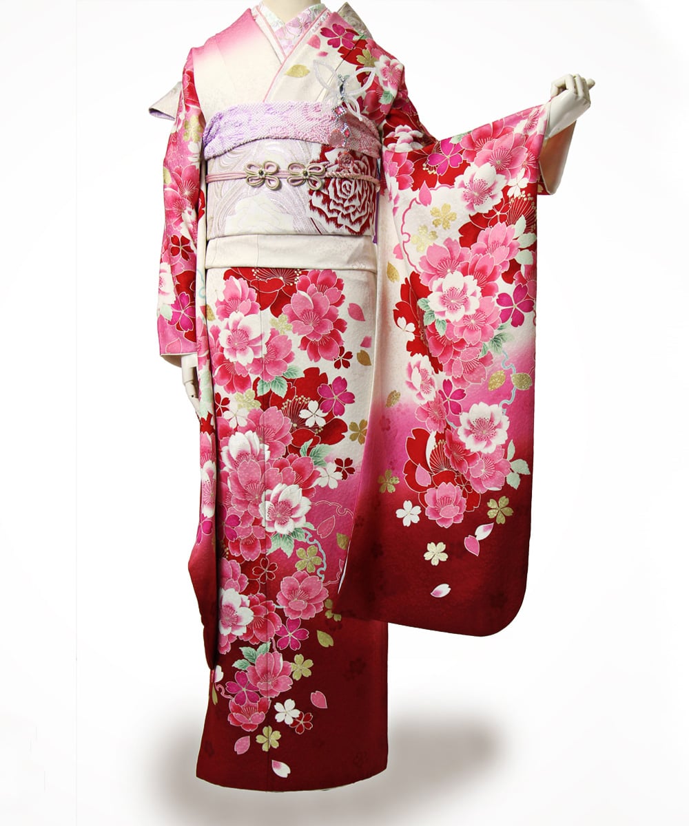 和装正絹 振袖 　Mサイズ 白地にピンクのグラデ　可愛い桜の古典柄 　振袖単品