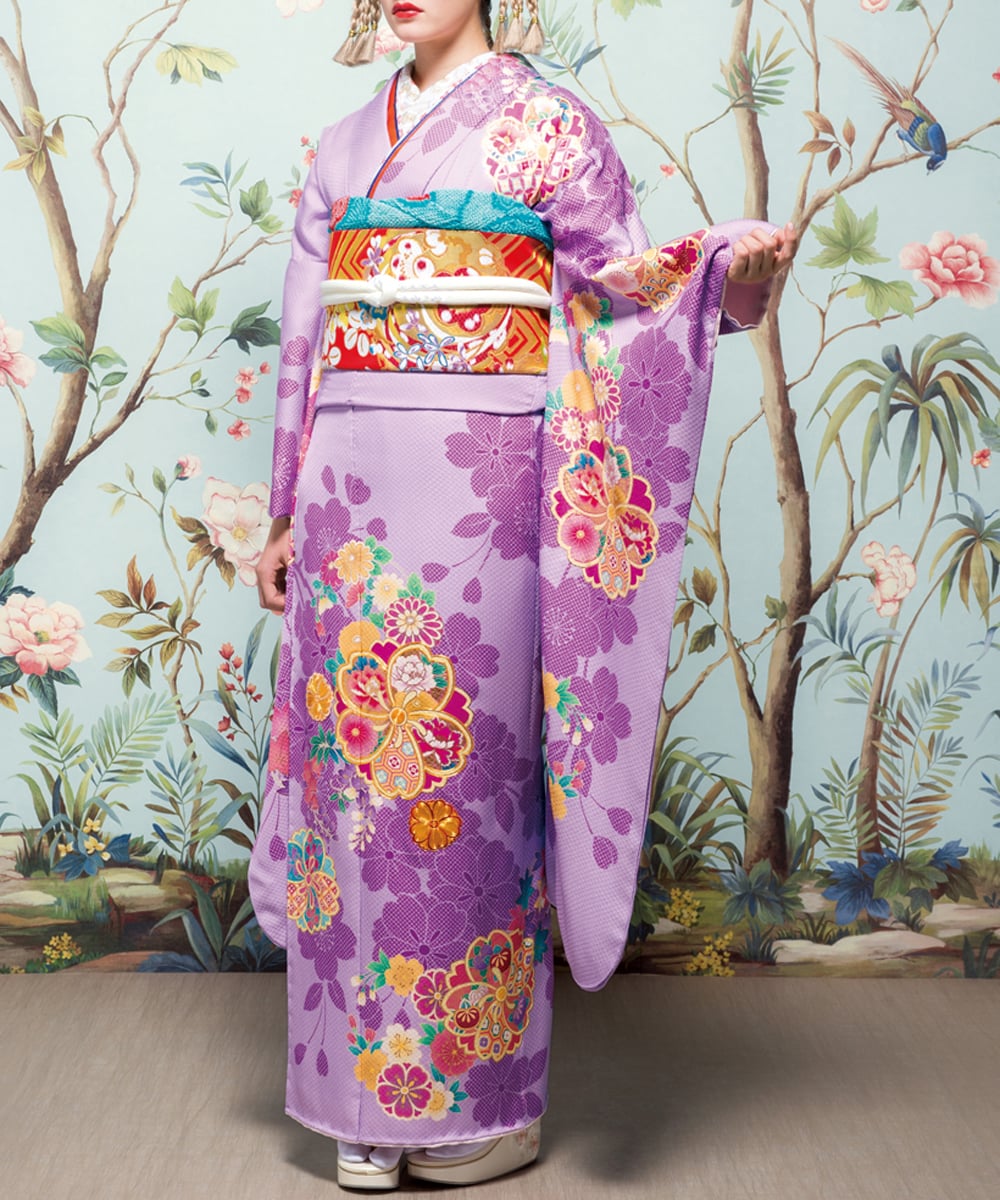 紫色青系紺色 振袖成人式 友禅風古典柄 - ファッション